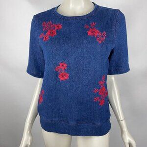 Draper James Nassau‎ Floral Embroidered Sweatshirt Short Sleeve Blue Women M